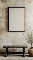  Stylish wall art mockup with empty frame, wooden bench and ceramic vase. Ideal for showcasing prints, posters or interior design concepts