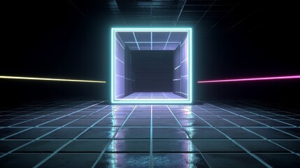 Neon glow in futuristic room, a vibrant door illuminated by mesmerizing lights neon