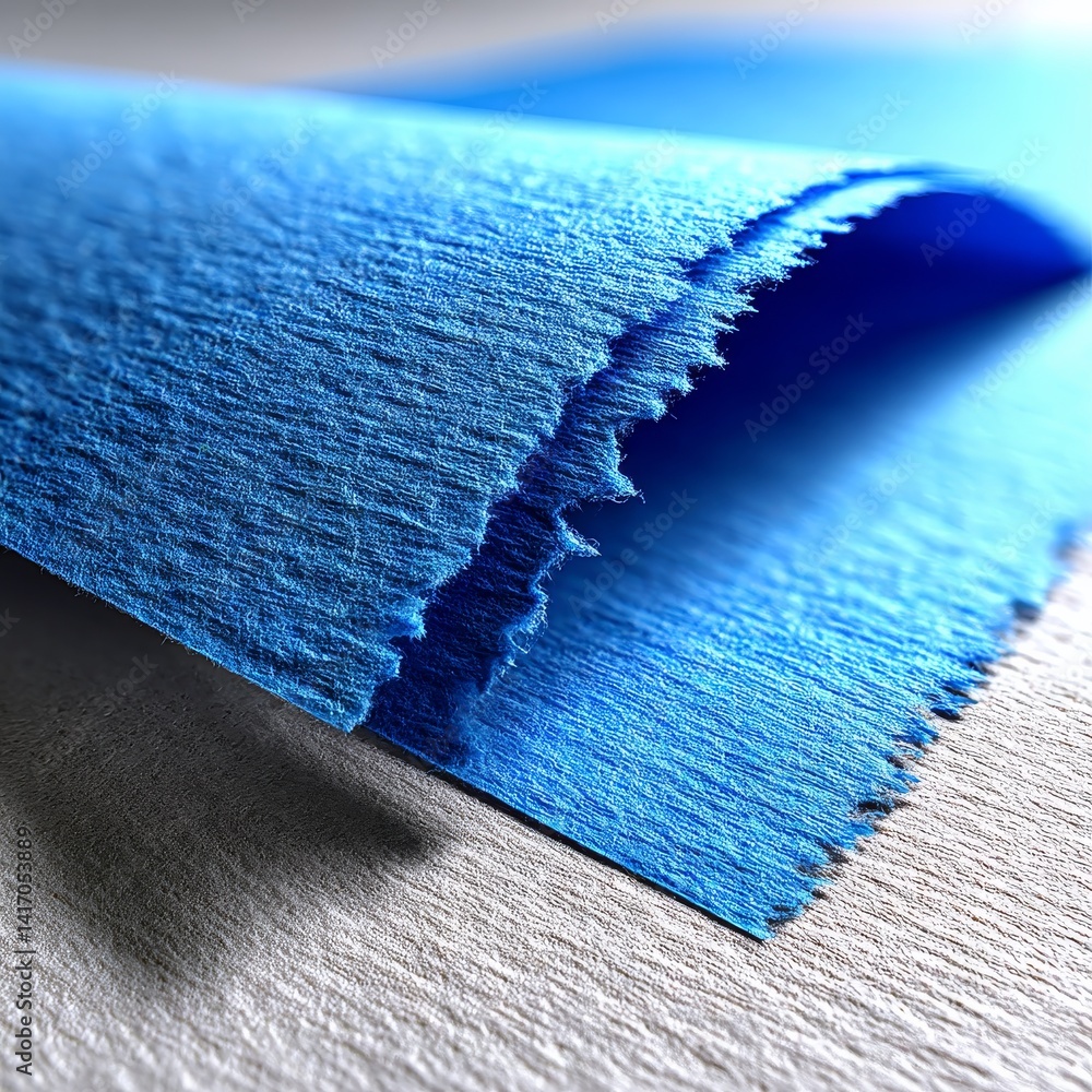 Poster Textured Blue Crepe Paper Folded on Rough Surface: Close-up Abstract Image with Light and Shadow Detail, Unique Crafting Material 