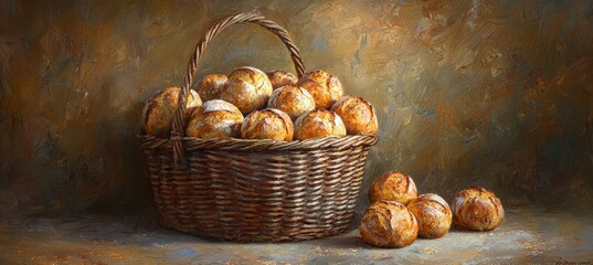 Freshly baked artisan rolls in a woven basket on rustic wooden table
