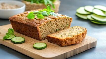 Closeup of moist zucchini bread on wooden board, natural lighting, wholesome dessert idea