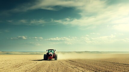 Naklejka premium Tractor driver applies fertilizer across expansive farmland under a vast blue sky