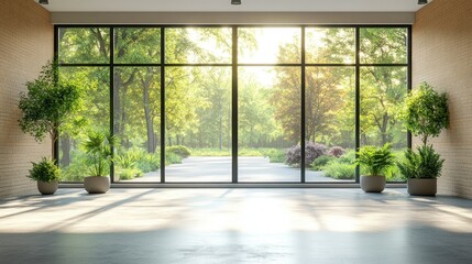 Fototapeta premium Modern interior with expansive windows showcasing a park