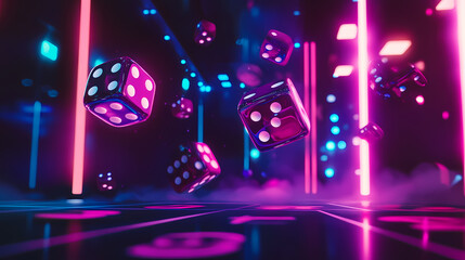 Lucky Dice Roll: A captivating composition showcasing multiple dice suspended in mid-air, illuminated by vibrant neon lights, creating a dynamic sense of chance and fortune.