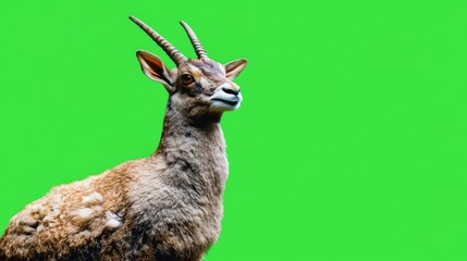 Close-up of a fluffy, small antelope against a solid green background.