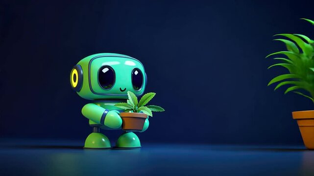 A cute green robot holding a plant pot, ai agents, virtual assistant, conversational ai, represents eco friendly robotics, smart automation