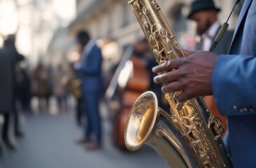 Obraz premium Saxophone Player Performs Melodious Jazz in City Street, Outdoor Music Concert, Skillful Musician Entertains Crowd.