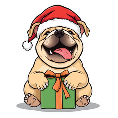 A happy cartoon dog in a red Santa hat smiles with a Christmas gift, celebrating the merry holiday season