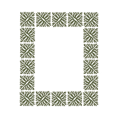 Obraz premium Decorative botanical frame made of repeating organic square patterns. Symmetrical design in earthy green tones is ideal for invitations, branding and packaging