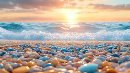 Ocean sunset over colorful pebble beach