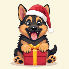 A cute, happy puppy, a canine mammal, receives a Christmas gift in this fun cartoon vector illustration