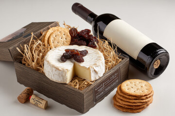An elegant gourmet gift basket featuring a bottle of red wine, brie cheese, crackers and dried fruit for a special celebration, placed on a bright, clean surface.