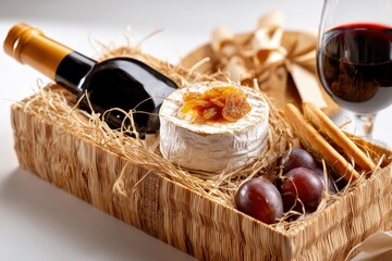 An elegant basket arrangement featuring wine, brie cheese, grapes, and breadsticks, perfect for a gourmet gift, with a bottle of wine and a full wine glass.
