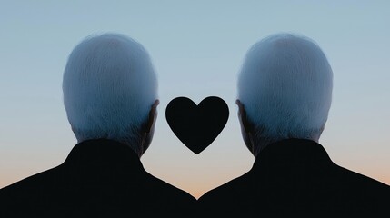 Two men, backs to the viewer,  silhouetted against a soft sky.  A heart is between them