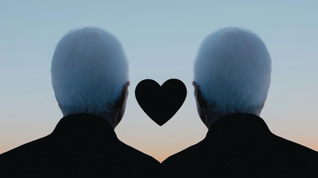 Two men, backs to the viewer,  silhouetted against a soft sky.  A heart is between them
