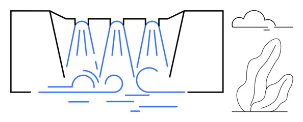 Flowing waterfall streaming into a pool, abstract plant graphics, and a cloud. Ideal for nature, sustainability, hydropower, environmental campaigns, clean energy, eco-tourism and simple landing