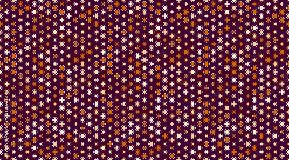 Poster abstract seamless pattern with diverse sized circles in warm autumnal tones on a deep maroon backgro