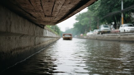 Low-angle view beneath a bustling city bridge with a boat passing, capturing dynamic interplay between urban structure and vibrant canal life.