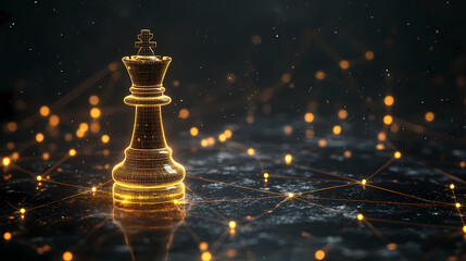 Golden Chess Queen: Gleaming golden chess queen poised on a network of interconnected nodes, symbolizing strategy, leadership, and digital connectivity.