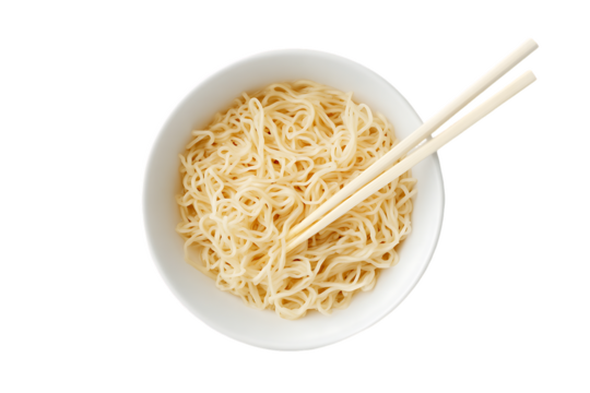 Simple noodles in a white bowl, viewed from above with light wooden chopsticks, isolated.