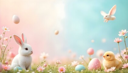 Abstract Pastel Easter Background with Floating Icons and Central Text Space

