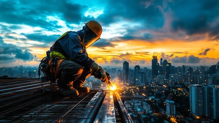 Welder working on construction site with city skyline view