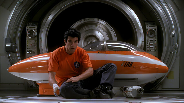engineer testing a wind tunnel model in a research facility, with advanced measurement tools in the background 
