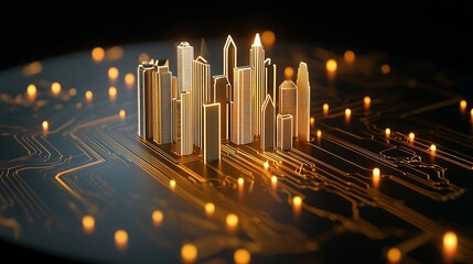 Disruption digital strategy concept, This image showcases a futuristic cityscape with glowing buildings, embodying the intersection of technology and urban development in a digital landscape.