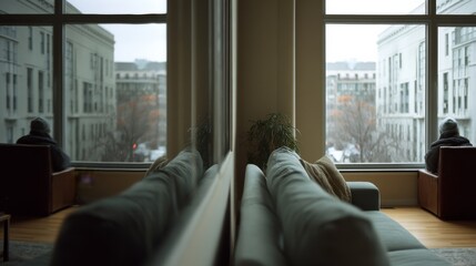 A cozy room with a reflection of city life outside, revealing two serene figures lost in thought by the window.