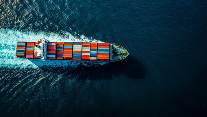Global Cargo: A top-down perspective of a container ship navigating the deep ocean, illustrating international trade and the movement of goods, highlighting the importance of global supply chains.