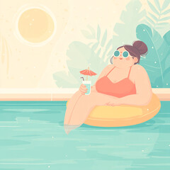 flat vector illustration of woman relaxing at swimming poolside with tropical leaves drink and umbrella in summer leisure scene with swimsuit water and sun vacation lifestyle concept chill atmosphere	
