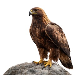 Obraz premium Majestic golden eagle perched on a rock, looking left isolated on white background
