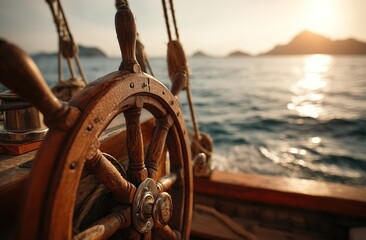 Wooden Ship Wheel Guides Vessel Across Ocean Waters at Sunset, Navigating Golden Hour Voyage