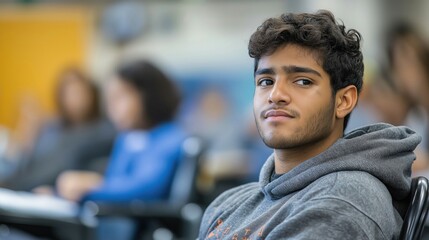 Fototapeta premium Thoughtful young man in a gray hoodie, sitting in a classroom, engaged in learning and observing his surroundings.