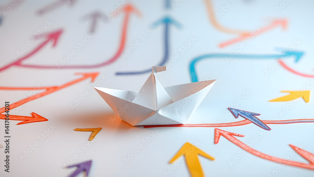 Poster navigating uncertain times a paper boat's journey through a maze of choices
