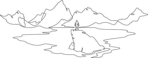 Continuous one line drawing  mountain lake.Man on a rock.Mountain landscape.Tourist on the lake.