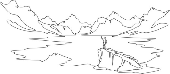 Continuous one line drawing  mountain lake.Man on a rock.Mountain landscape.Tourist on the lake.