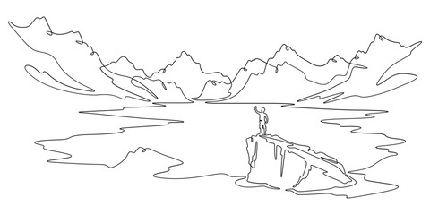 Continuous one line drawing  mountain lake.Man on a rock.Mountain landscape.Tourist on the lake.