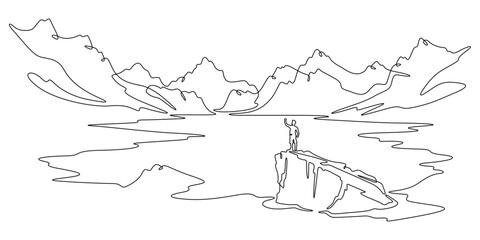 Continuous one line drawing  mountain lake.Man on a rock.Mountain landscape.Tourist on the lake.