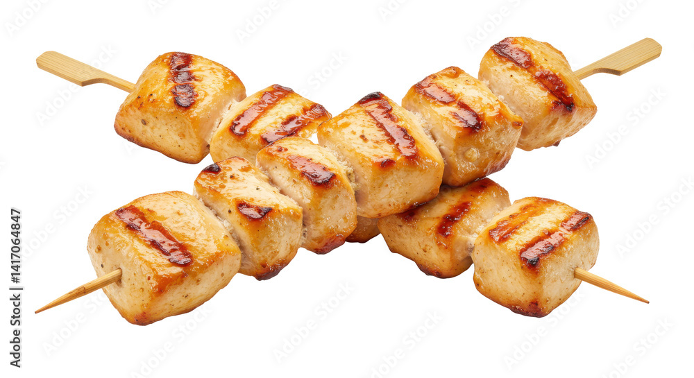 Poster two chicken skewers with grill marks isolated on a black background in a studio shot close up
