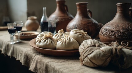 Fototapeta premium A rustic table topped with clay pitchers and a plate of dumplings, offering a glimpse into traditional culinary arts and warmth.
