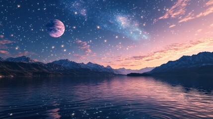 Serene mountain lake at twilight, starry night