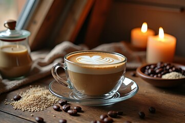 Cozy cafe latte with heart art and candles on wooden table
