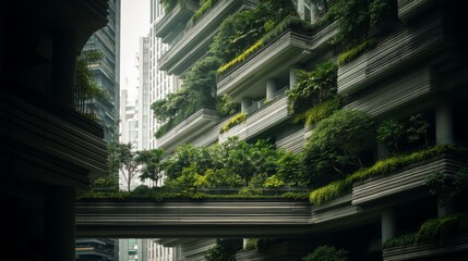 Lush greenery covers the facades of modern buildings in an urban landscape, highlighting a harmonious blend of nature and architecture.