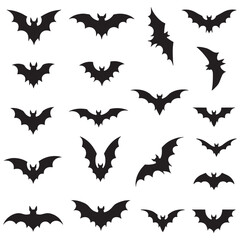 A set of black bat silhouettes with various wing shapes and body forms
