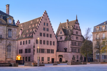 Historic architecture in Strasbourg, Alsace showcasing unique building styles at dusk