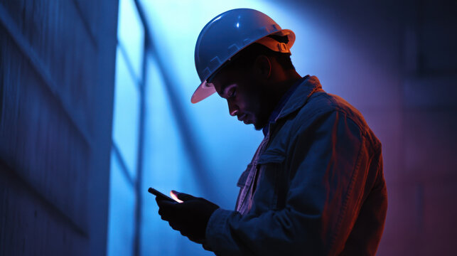 A male construction worker in a white hard hat, viewed from the side, checking his phone