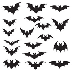 A set of black bat silhouettes with various wing shapes and body forms