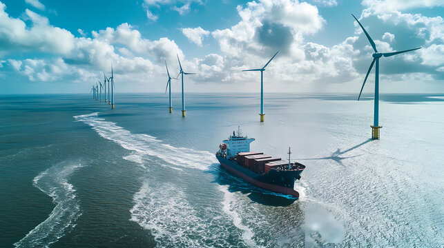 Wind turbines in a maritime landscape: A ship sails through a serene sea, past a row of majestic wind turbines under a dramatic sky, promoting sustainable practices and environmental consciousness.