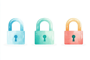 Watercolor padlocks in shades of blue, green, and orange create charming and artistic display. Each lock features unique design, evoking sense of security and creativity